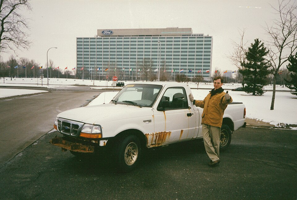 Prototype test vehicle in Dearborn, Michigan USA after rigorous Corrosion Durability Testing at the Ford AZ Proving Grounds, Yucca, Arizona USA.  A production Ranger EV was later run though this test without a single failure.
